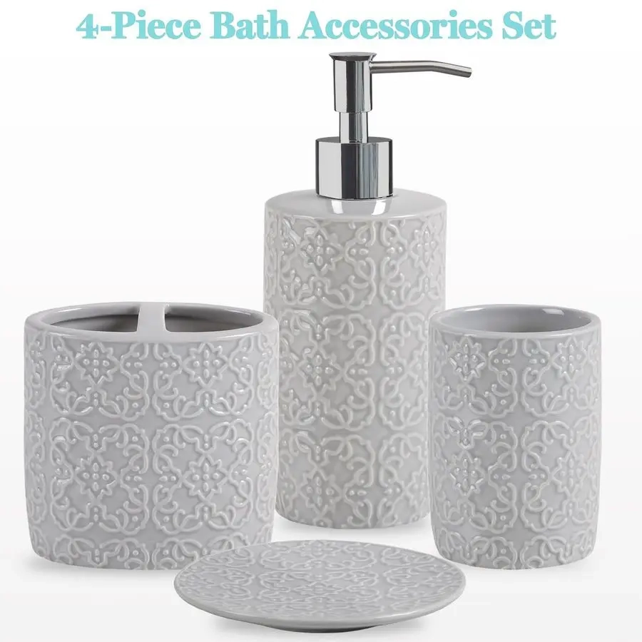 4-Piece Embossed Ceramic Bathroom Essentials Set - Image 3