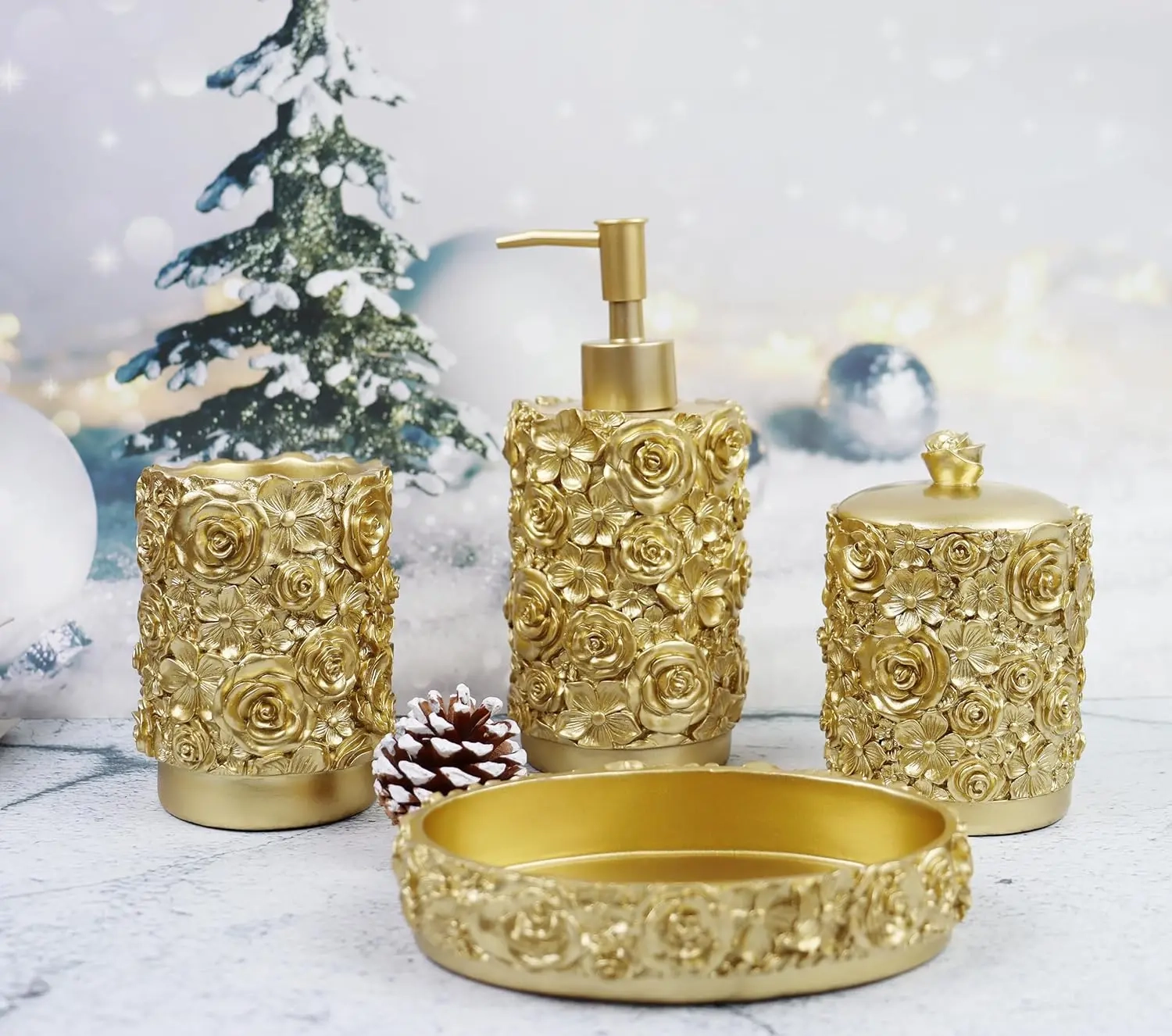 4-Piece Rose Pattern Resin Bathroom Essentials Set - Image 2