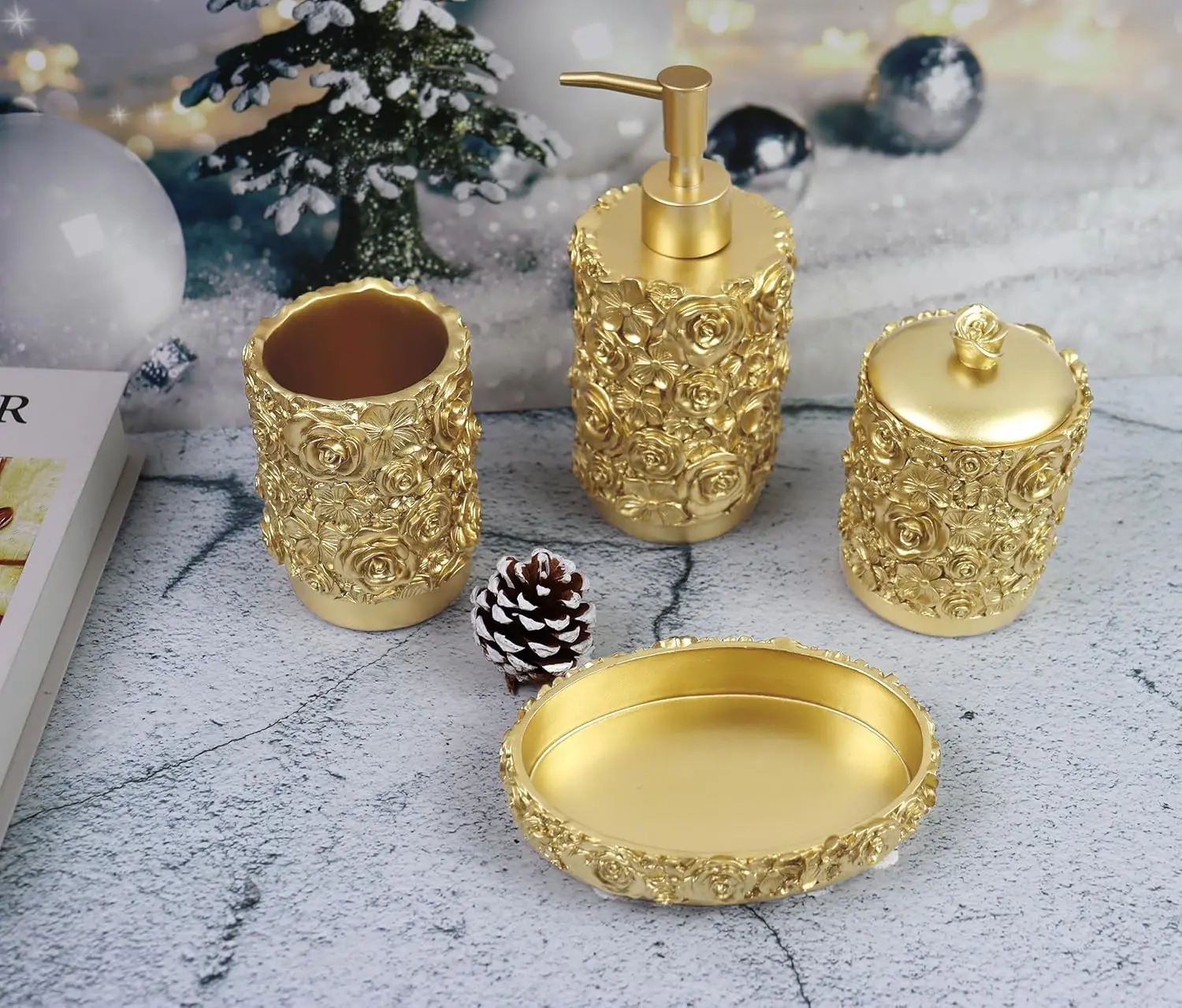 4-Piece Rose Pattern Resin Bathroom Essentials Set - Image 3