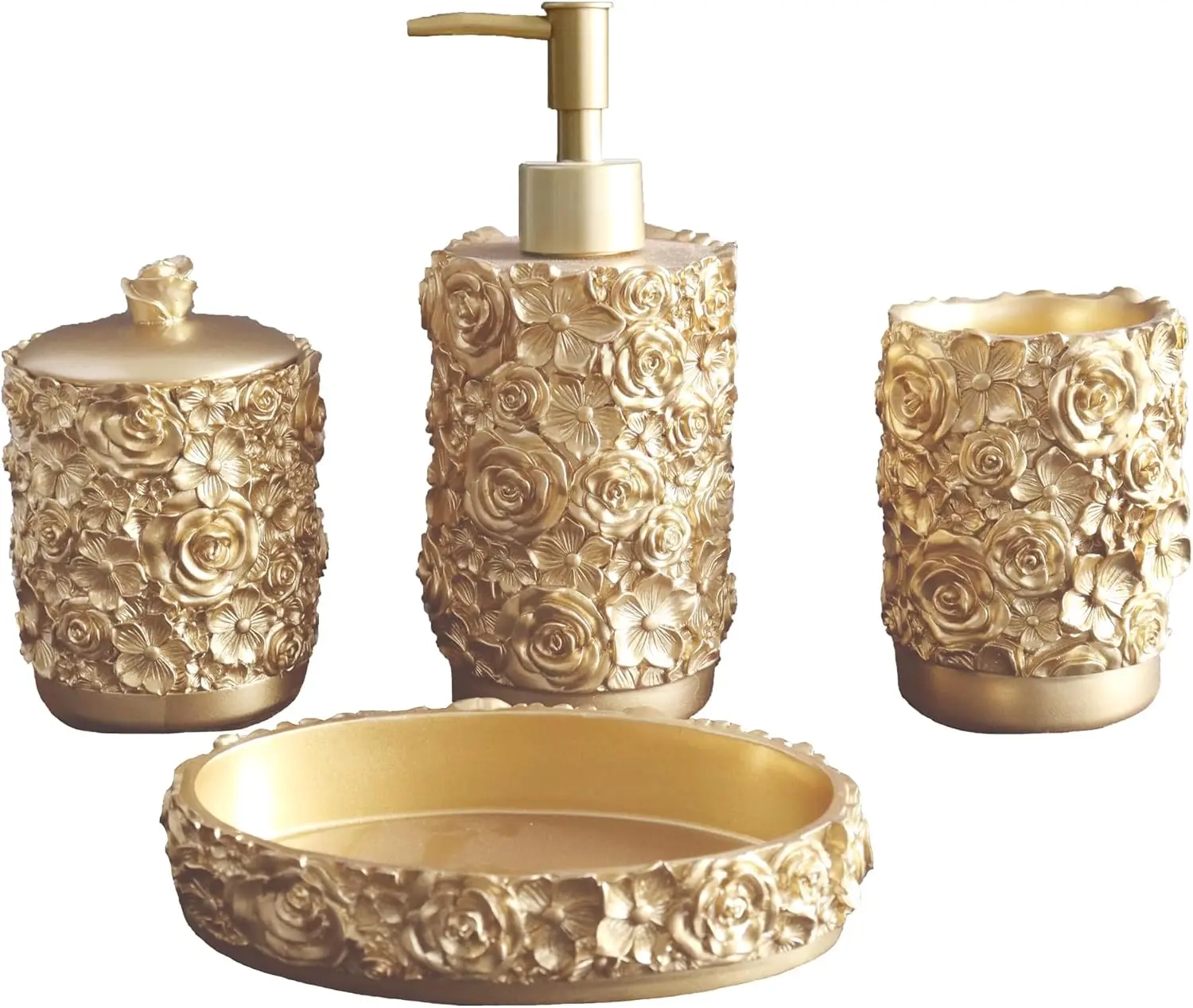 4-Piece Rose Pattern Resin Bathroom Essentials Set