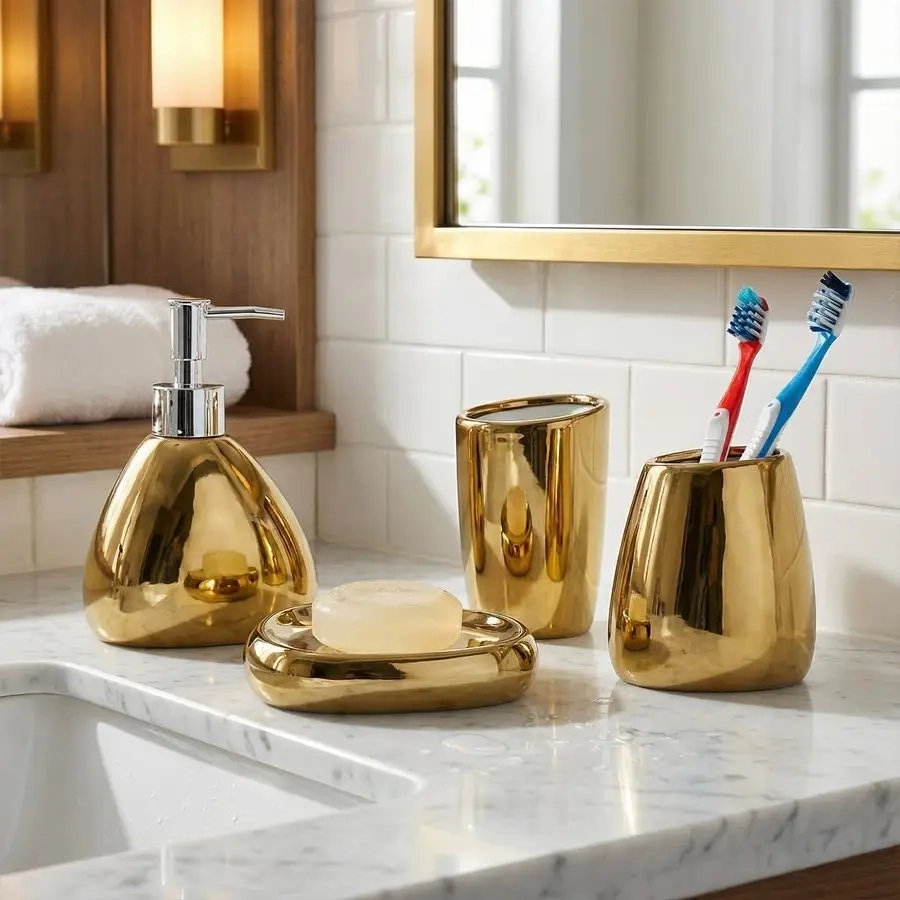 4-Piece Gold Ceramic Bathroom Essentials Set - Image 4