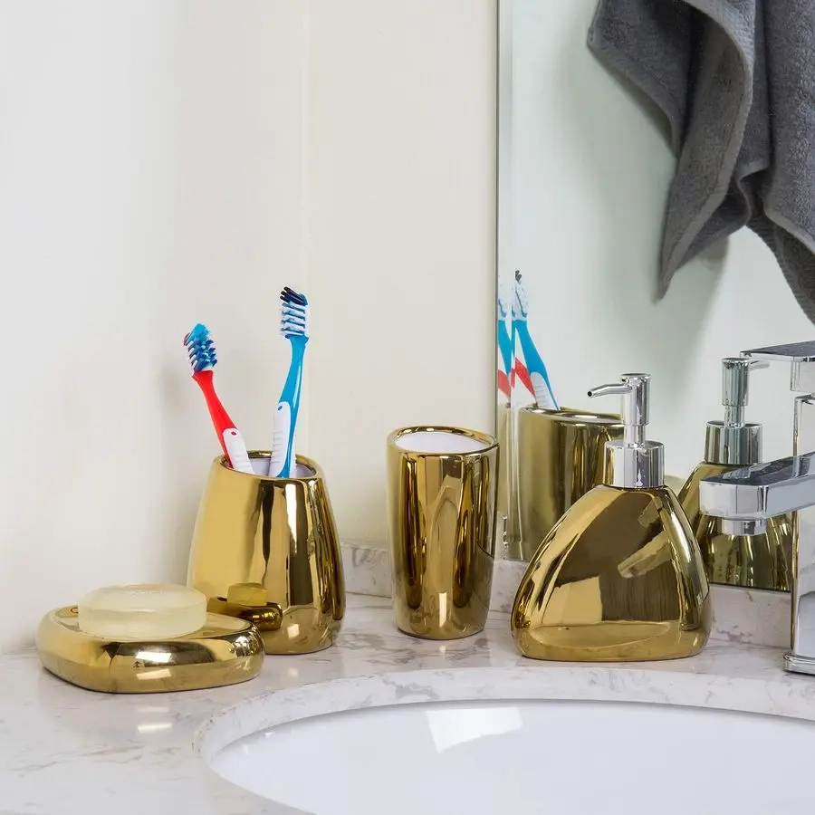4-Piece Gold Ceramic Bathroom Essentials Set - Image 5