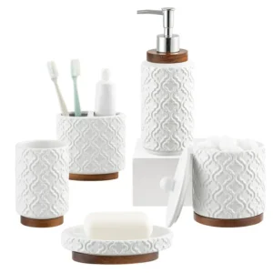 5-Piece Ceramic and Wood Bathroom Essentials Set
