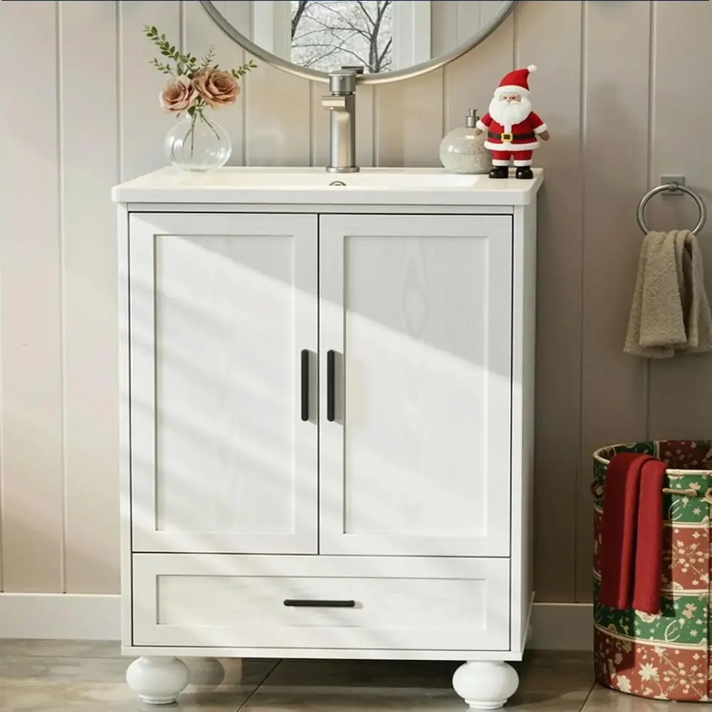 24-Inch Bathroom Vanity with Ceramic Sink, Adjustable Shelf and Drawer
