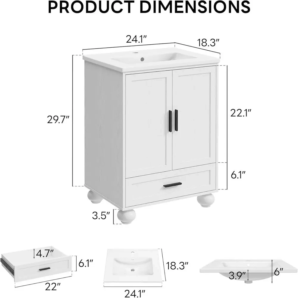 24-Inch Bathroom Vanity with Ceramic Sink, Adjustable Shelf and Drawer - Image 2