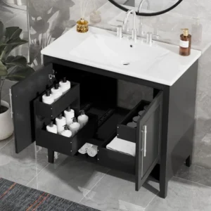 36-Inch Bathroom Vanity with Ceramic Sink, 2 Drawers and Open Shelf Storage