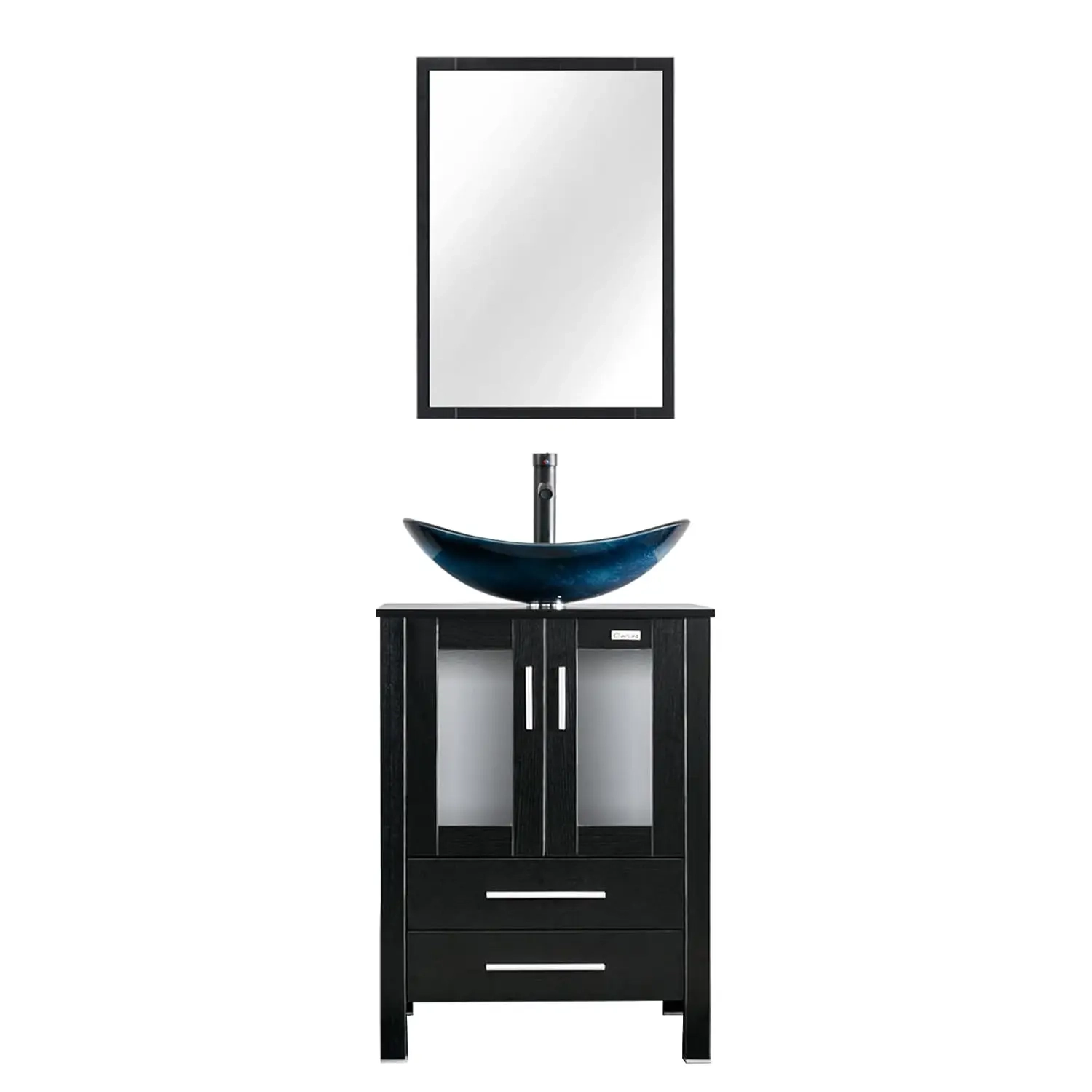 24-Inch Bathroom Vanity with Blue Glass Vessel Sink, 2 Drawers and Soft-Close Doors