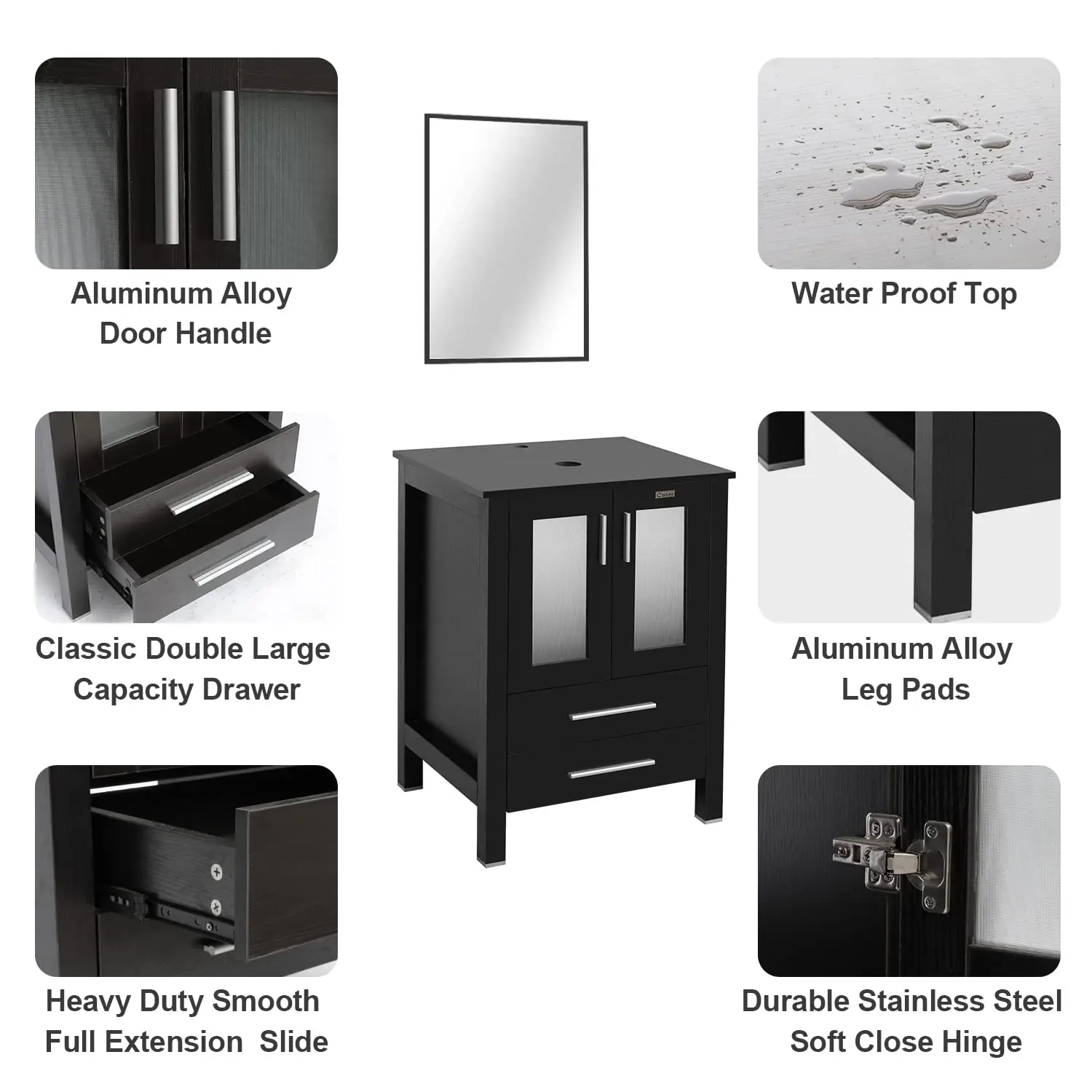 24-Inch Bathroom Vanity with Blue Glass Vessel Sink, 2 Drawers and Soft-Close Doors - Image 3