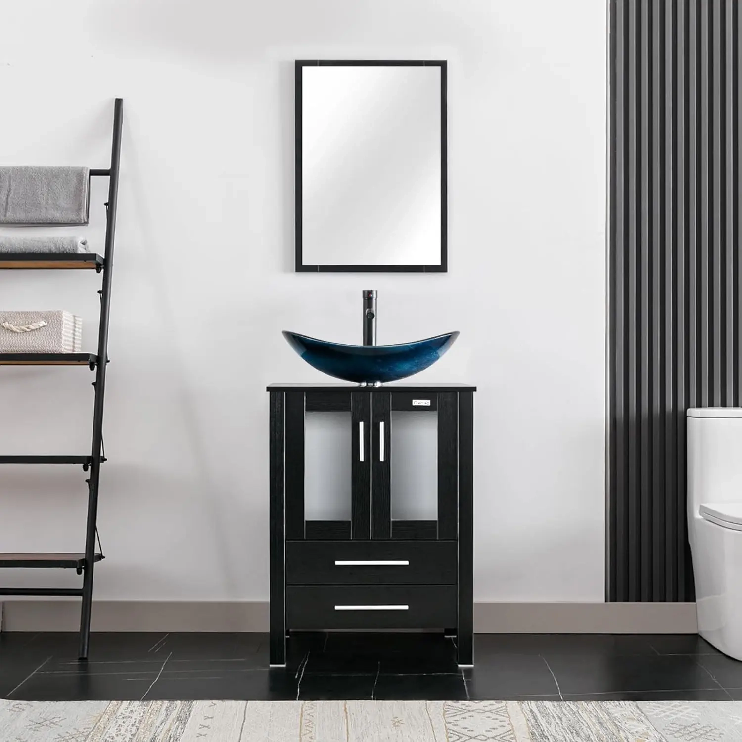 24-Inch Bathroom Vanity with Blue Glass Vessel Sink, 2 Drawers and Soft-Close Doors - Image 2