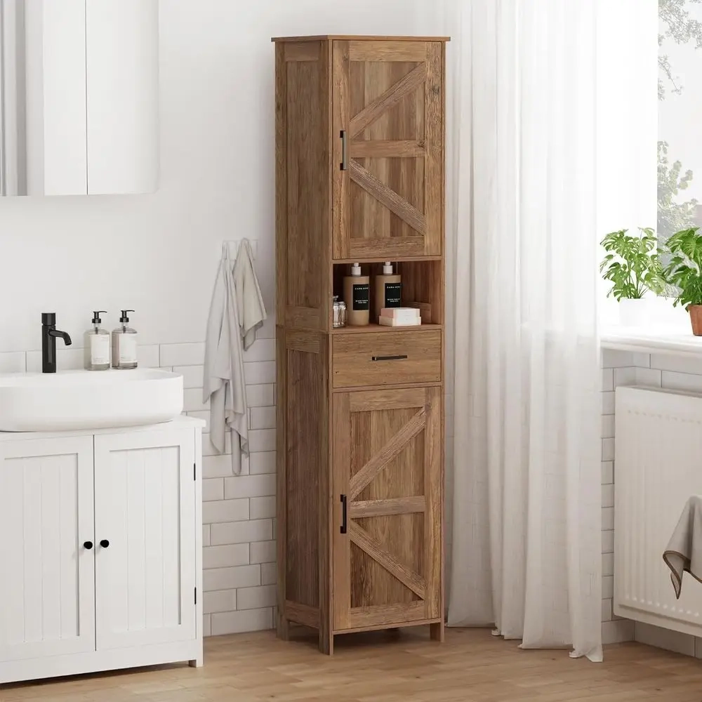 Rustic Walnut Tall Storage Cabinet with Barn Doors, Drawer and Adjustable Shelves - Image 2