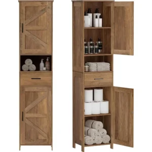 Rustic Walnut Tall Storage Cabinet with Barn Doors, Drawer and Adjustable Shelves