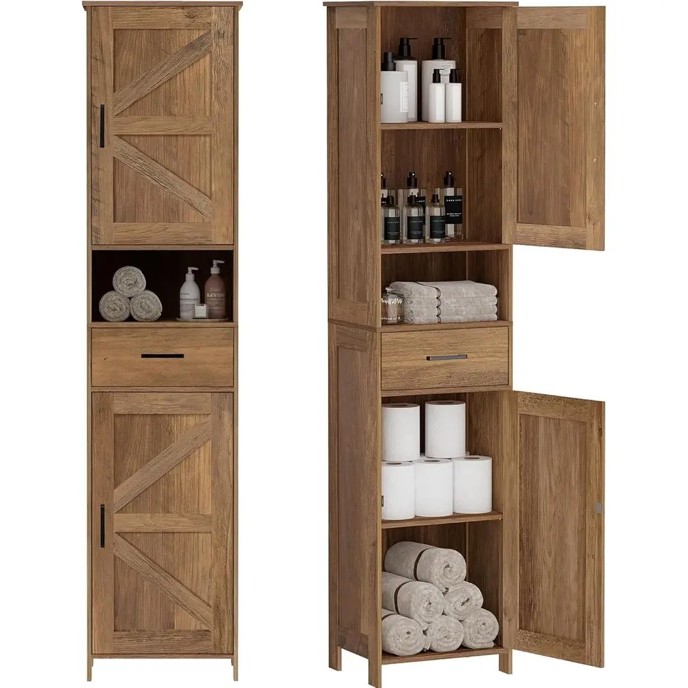 Rustic Walnut Tall Storage Cabinet with Barn Doors, Drawer and Adjustable Shelves