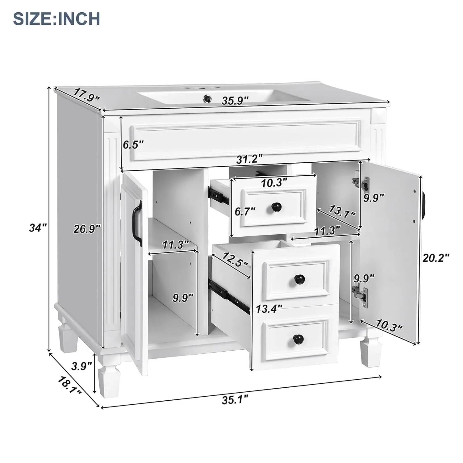 36-Inch Freestanding Bathroom Vanity with Integrated Sink and 2 Drawers - Image 2