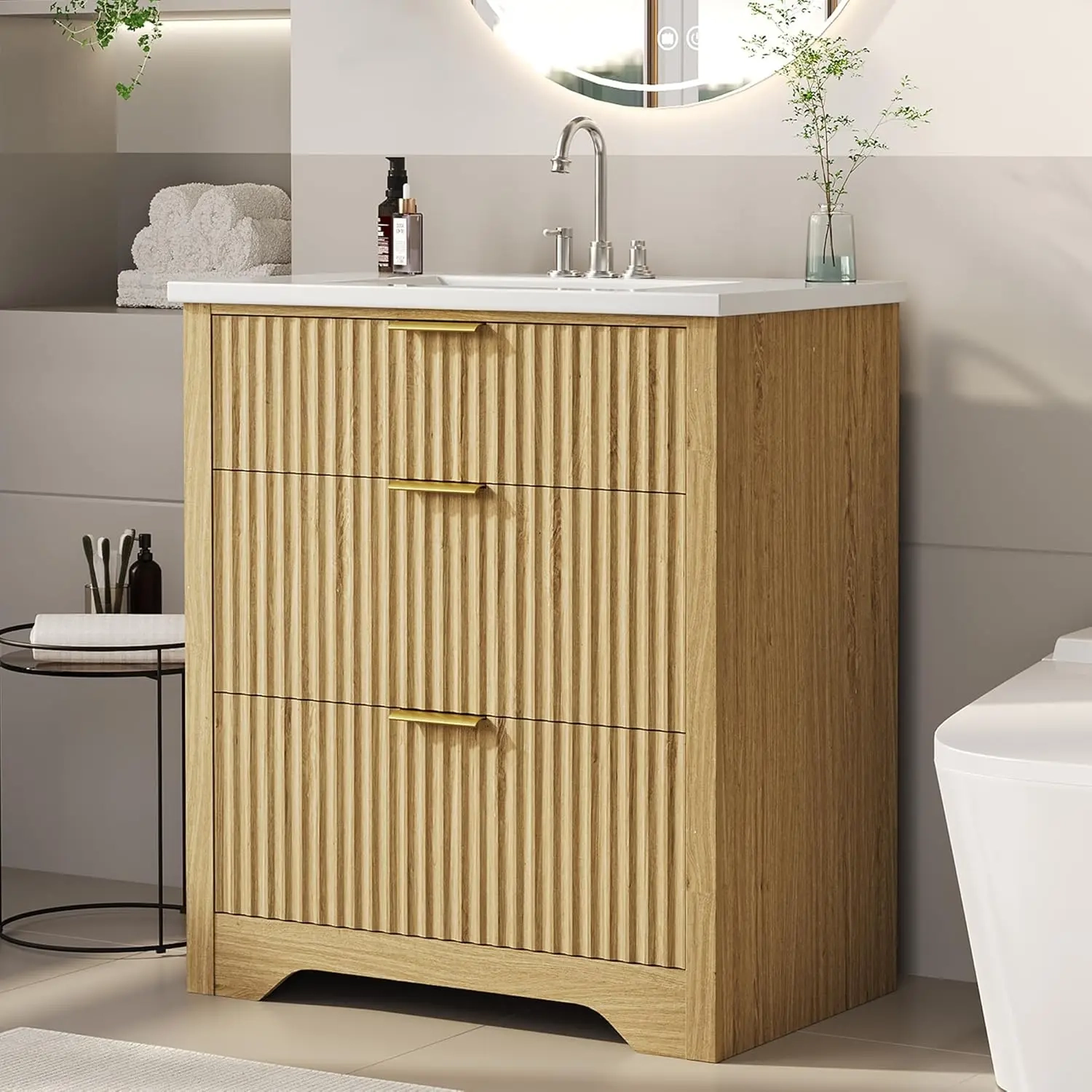 30-Inch Fluted Bathroom Vanity with Ceramic Sink and 2 Drawers