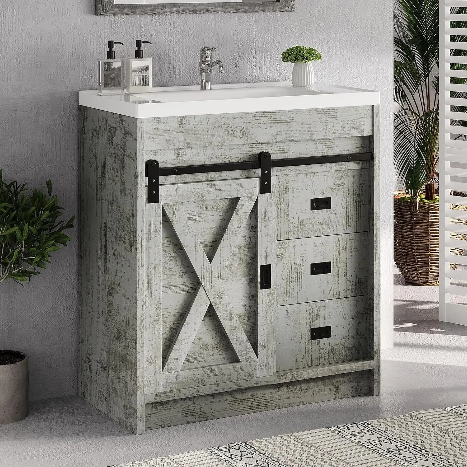 Farmhouse Bathroom Vanity with Sink, 2 Drawers and Sliding Barn Door - Image 4