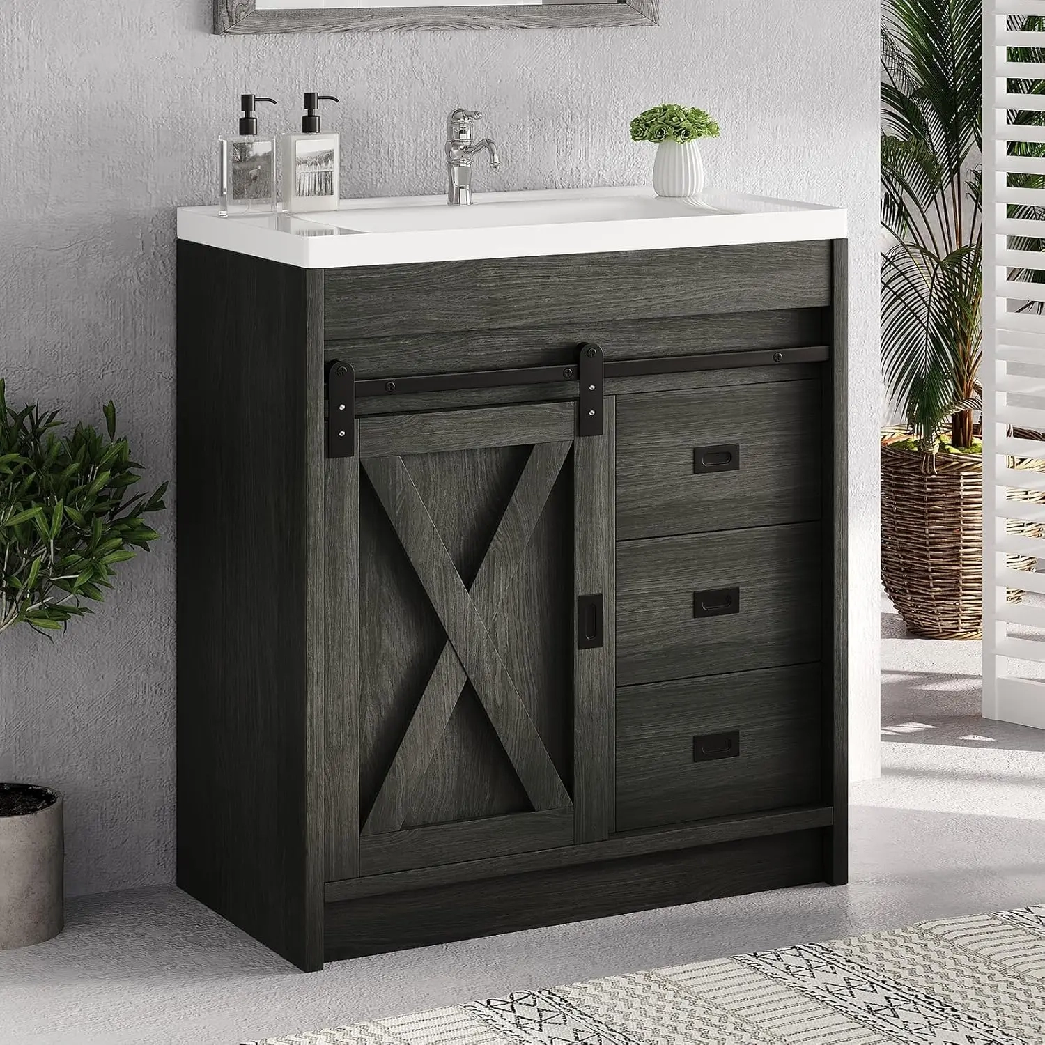 Farmhouse Bathroom Vanity with Sink, 2 Drawers and Sliding Barn Door - Image 5