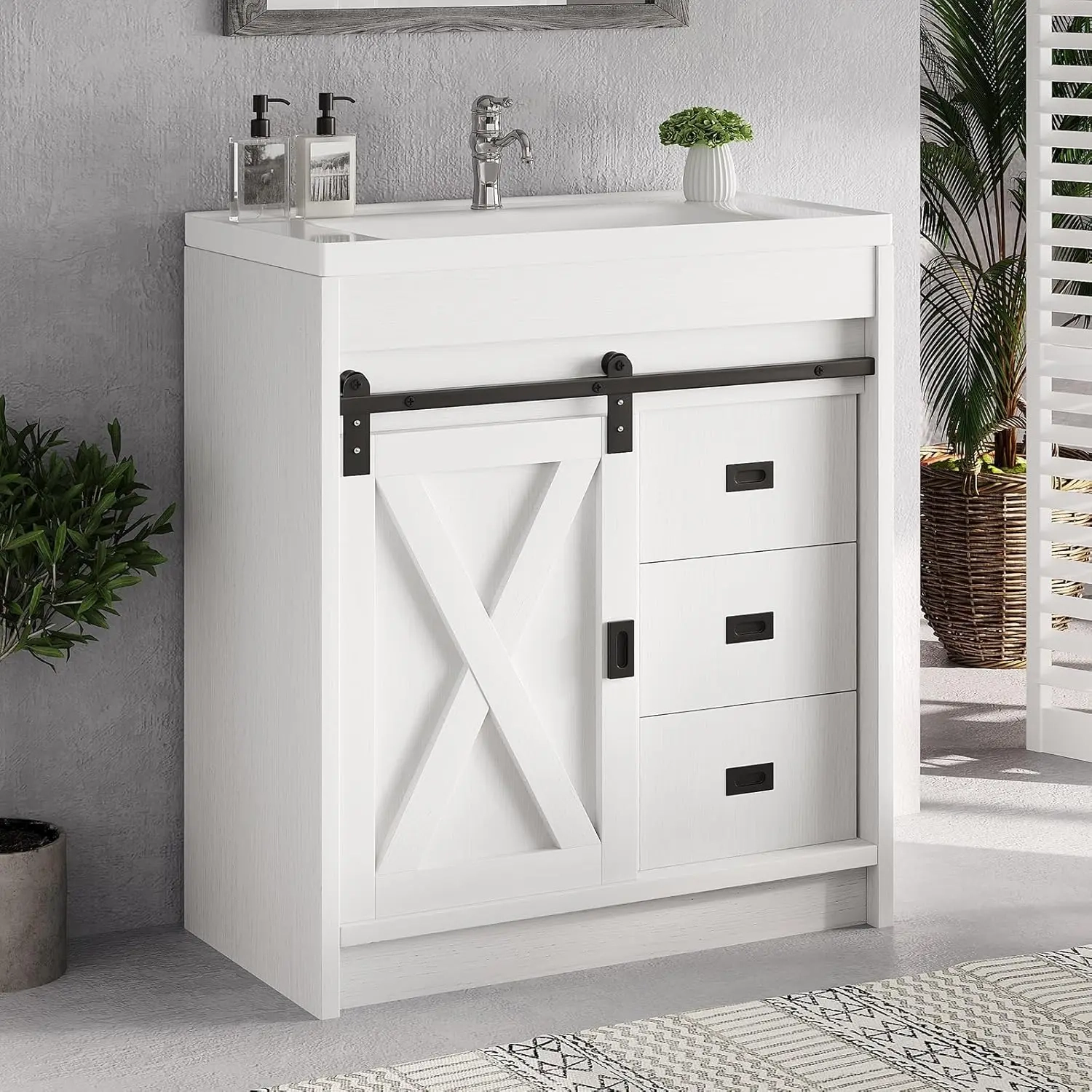 Farmhouse Bathroom Vanity with Sink, 2 Drawers and Sliding Barn Door - Image 3