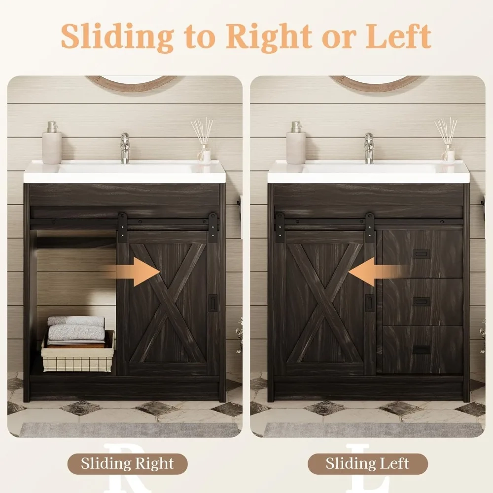 Farmhouse Bathroom Vanity with Sink, 2 Drawers and Sliding Barn Door - Image 2