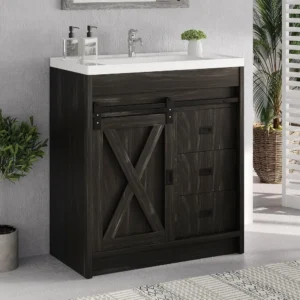 Farmhouse Bathroom Vanity with Sink, 2 Drawers and Sliding Barn Door