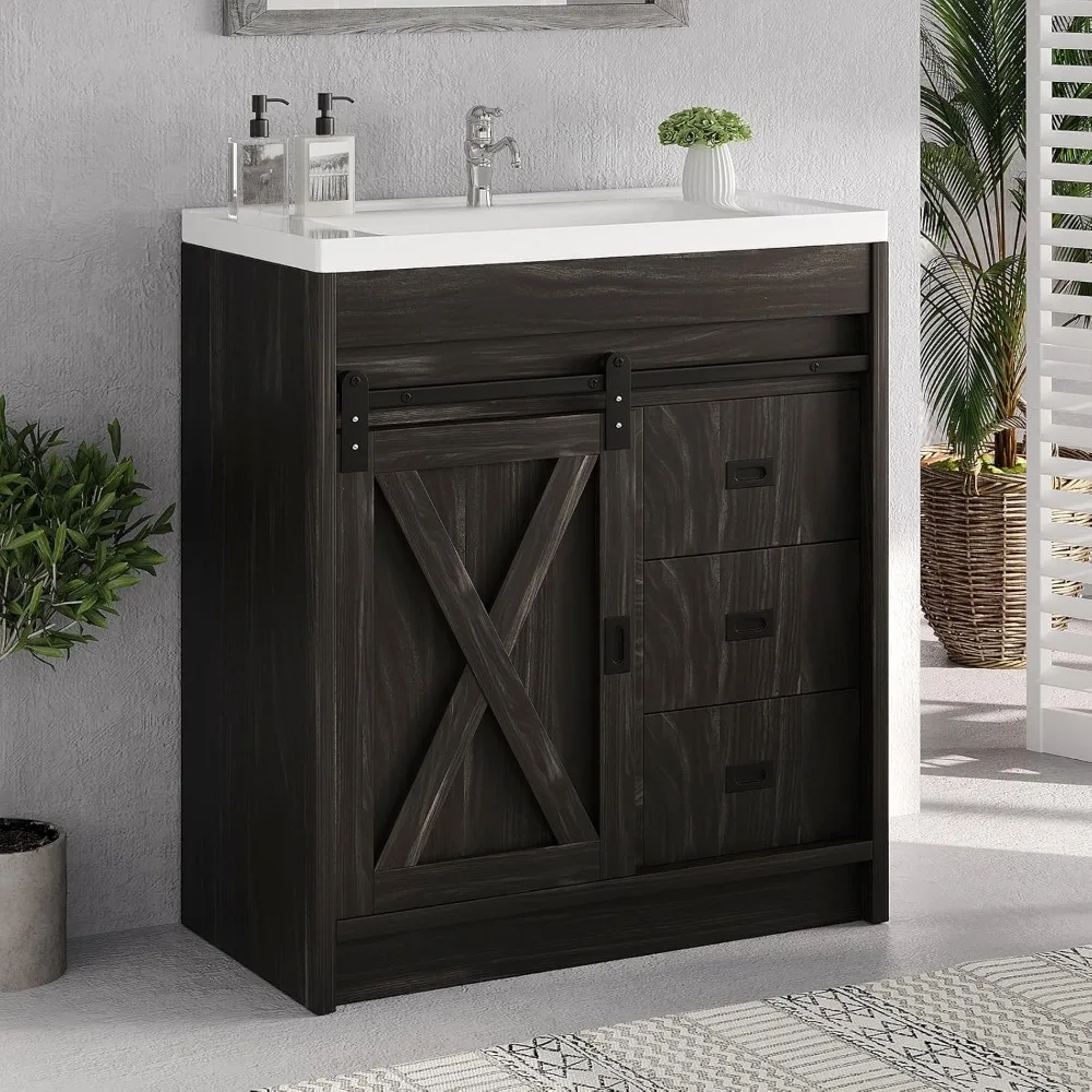 Farmhouse Bathroom Vanity with Sink, 2 Drawers and Sliding Barn Door