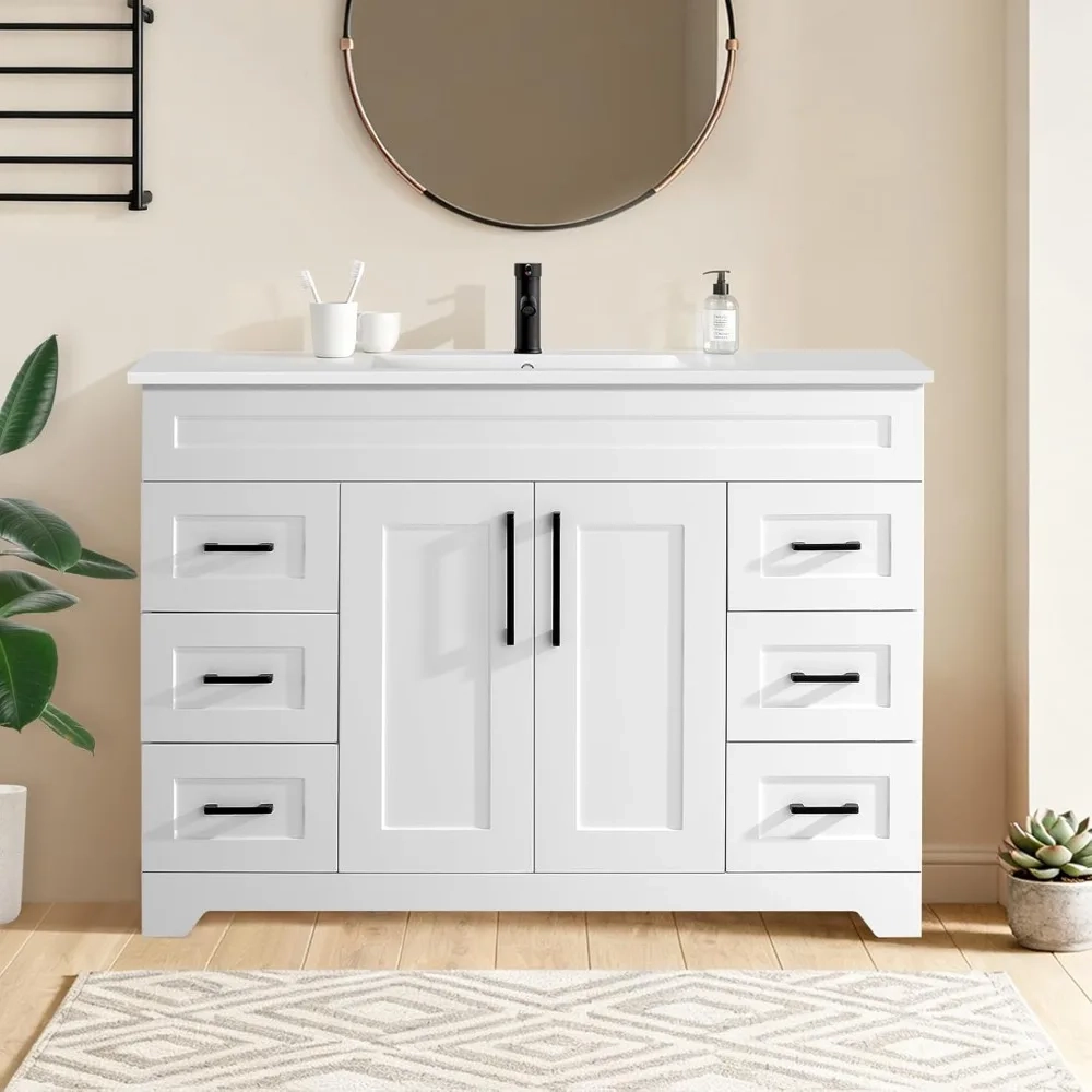 48-Inch Bathroom Vanity with Resin Sink, 6 Drawers and Soft-Close Doors