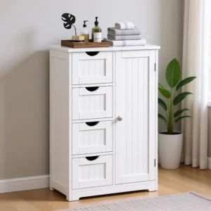 Bathroom Storage Cabinet with 4 Drawers, Cupboard and Adjustable Shelf