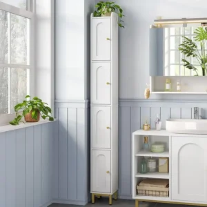 Narrow Tall Bathroom Storage Cabinet with Adjustable Feet and Multi-Level Shelves