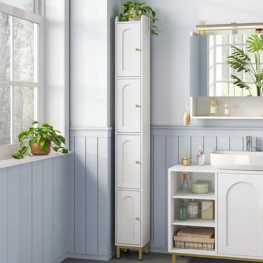 Narrow Tall Bathroom Storage Cabinet with Adjustable Feet and Multi-Level Shelves