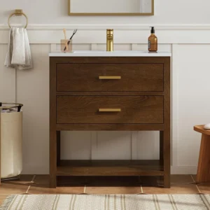30-Inch Farmhouse Bathroom Vanity with Sink, 2 Drawers and Open Shelf