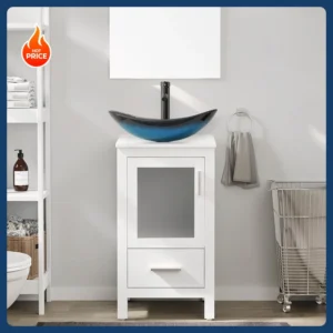 18-Inch Small Bathroom Vanity with Glass Vessel Sink, Door and Drawer