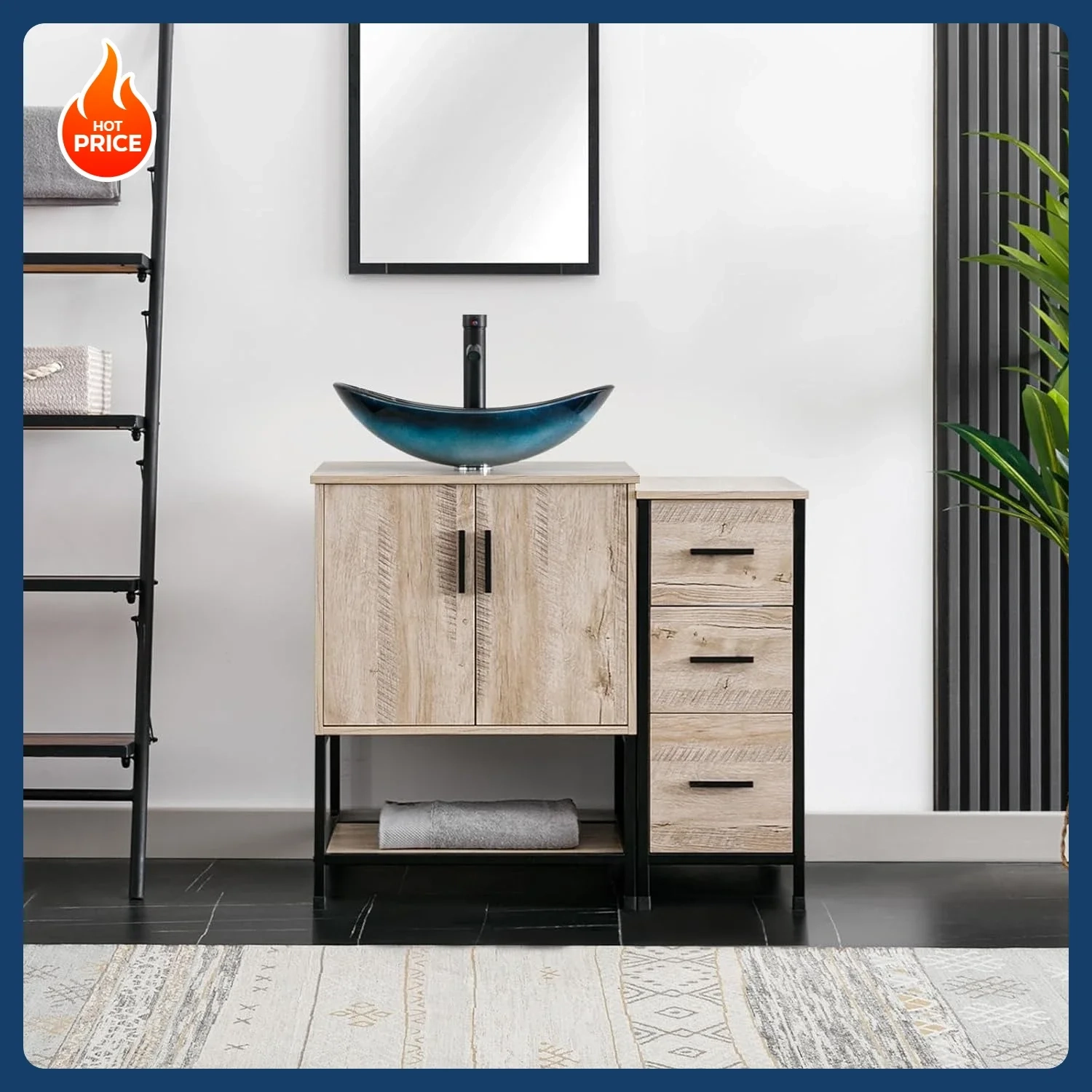 36-Inch Bathroom Vanity with Vessel Sink, Side Cabinet and Bottom Shelf
