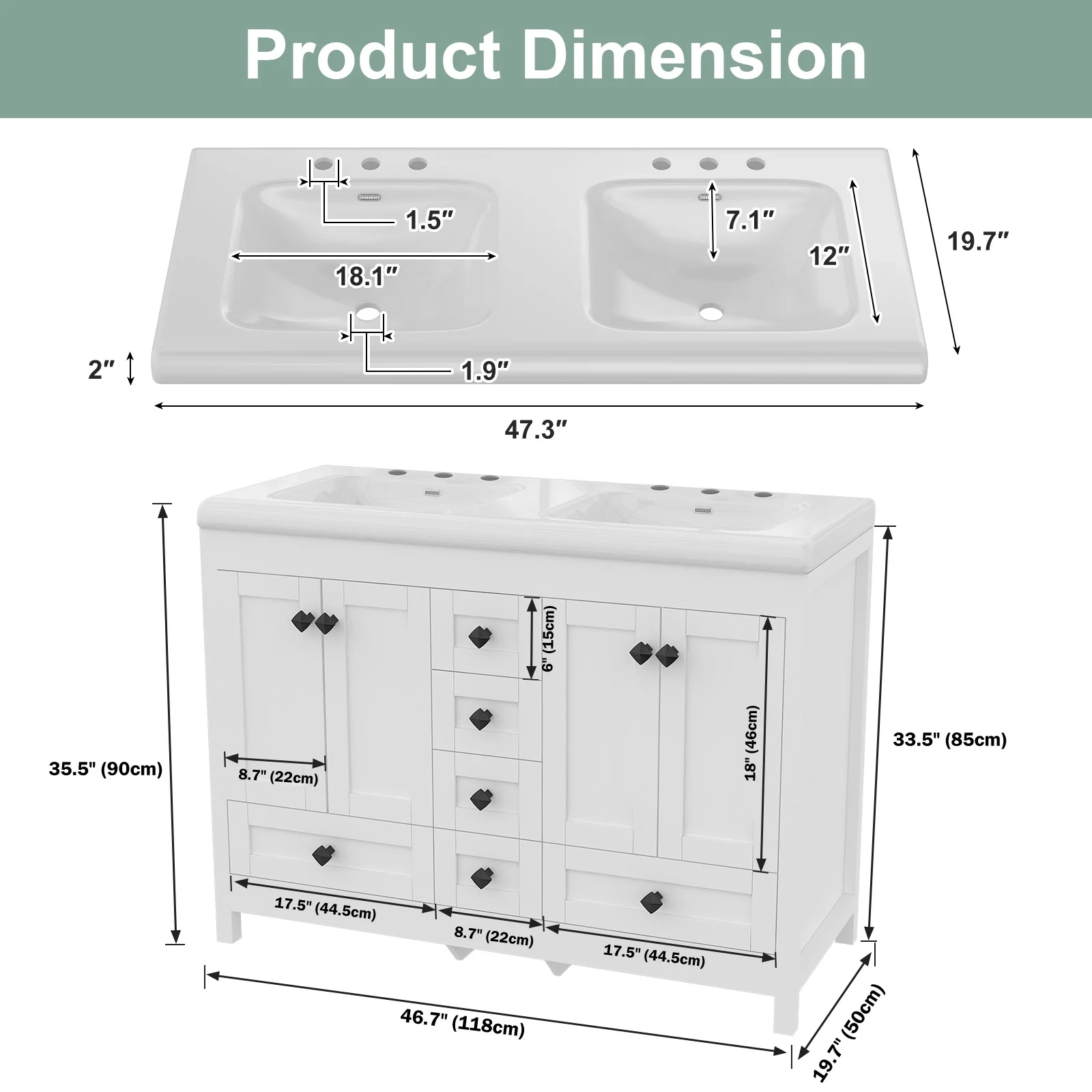 47" Double Sink Bathroom Vanity with Storage - Image 4