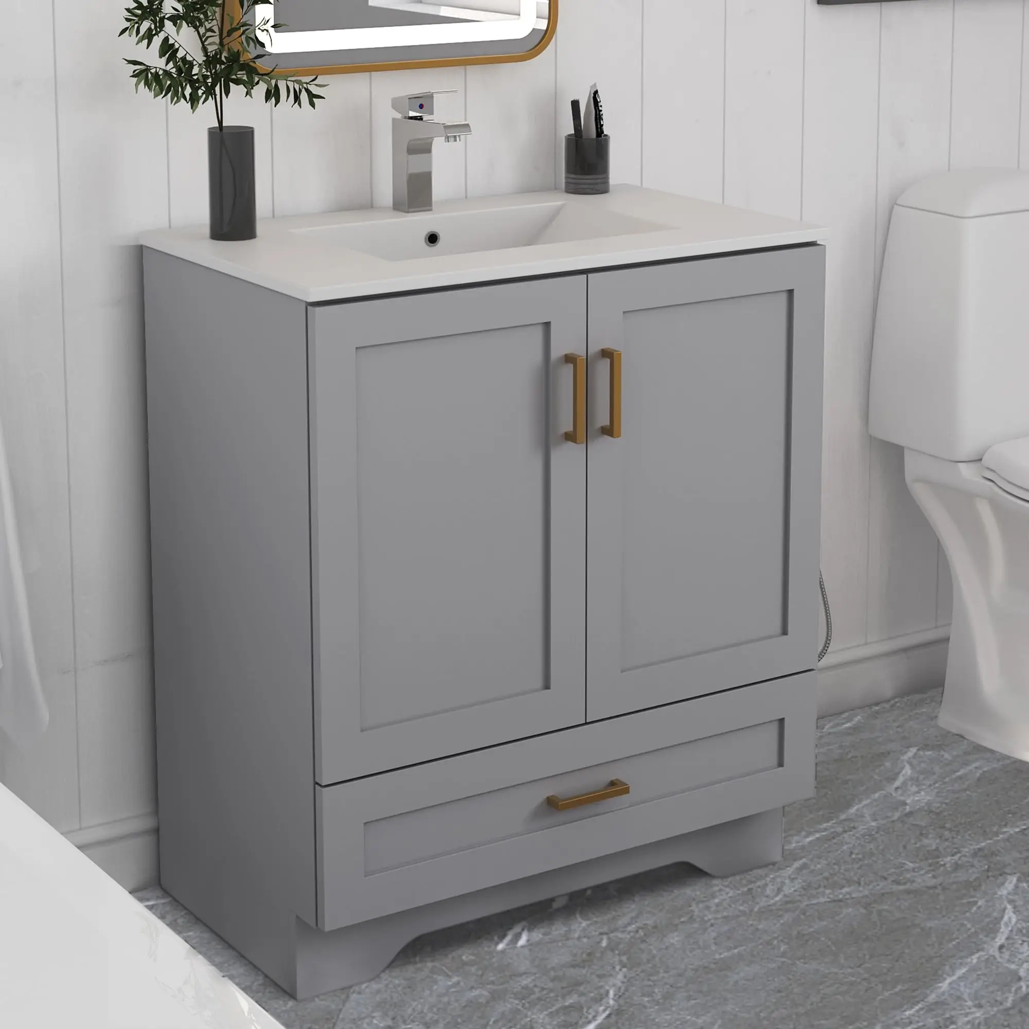 24-Inch Bathroom Vanity with Undermount Ceramic Sink, 2 Doors and 1 Drawer - Freestanding 2-Door & 1-Drawer Storage Cabinet - Image 4