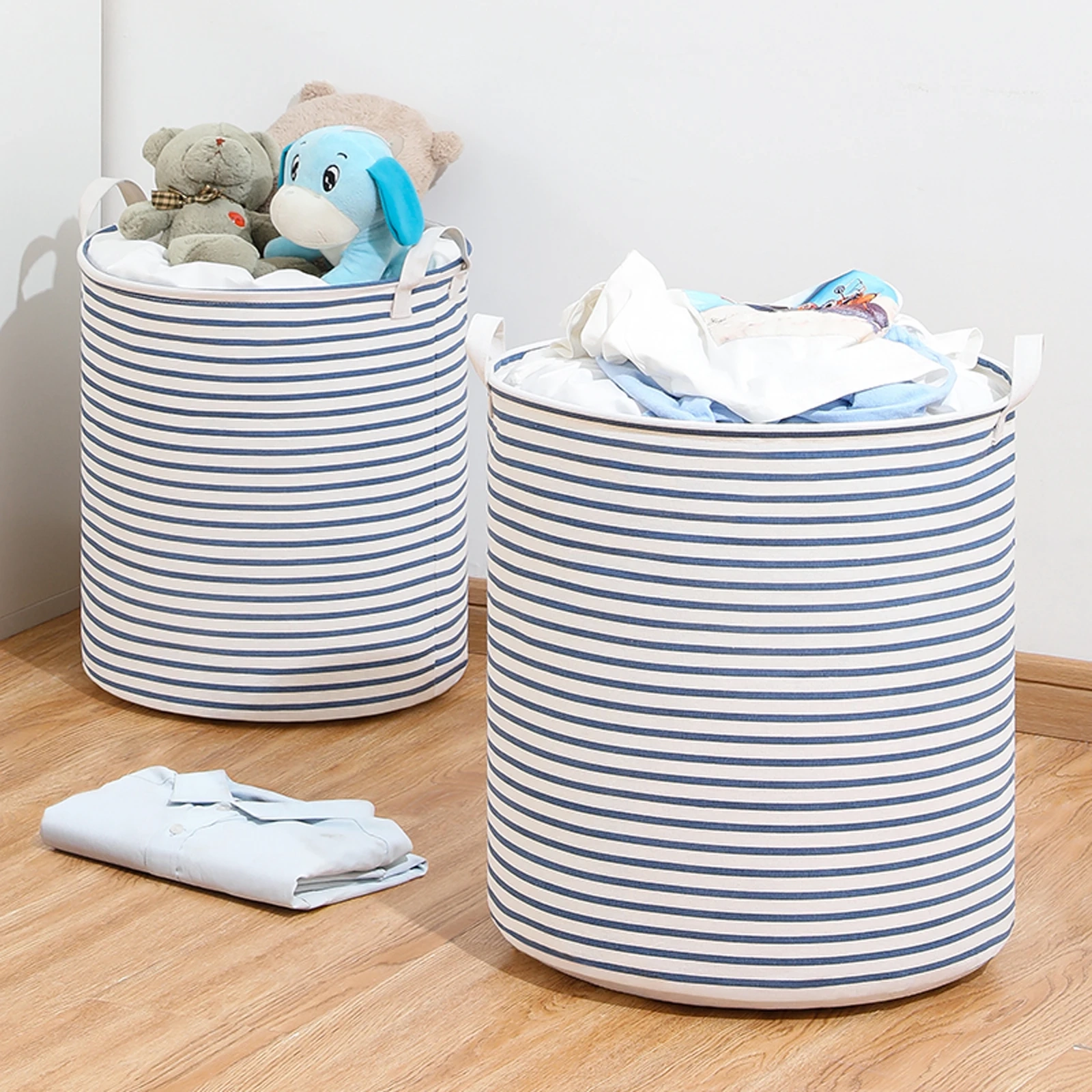 Collapsible Cotton Linen Laundry Storage Basket with Drawstring - Image 2