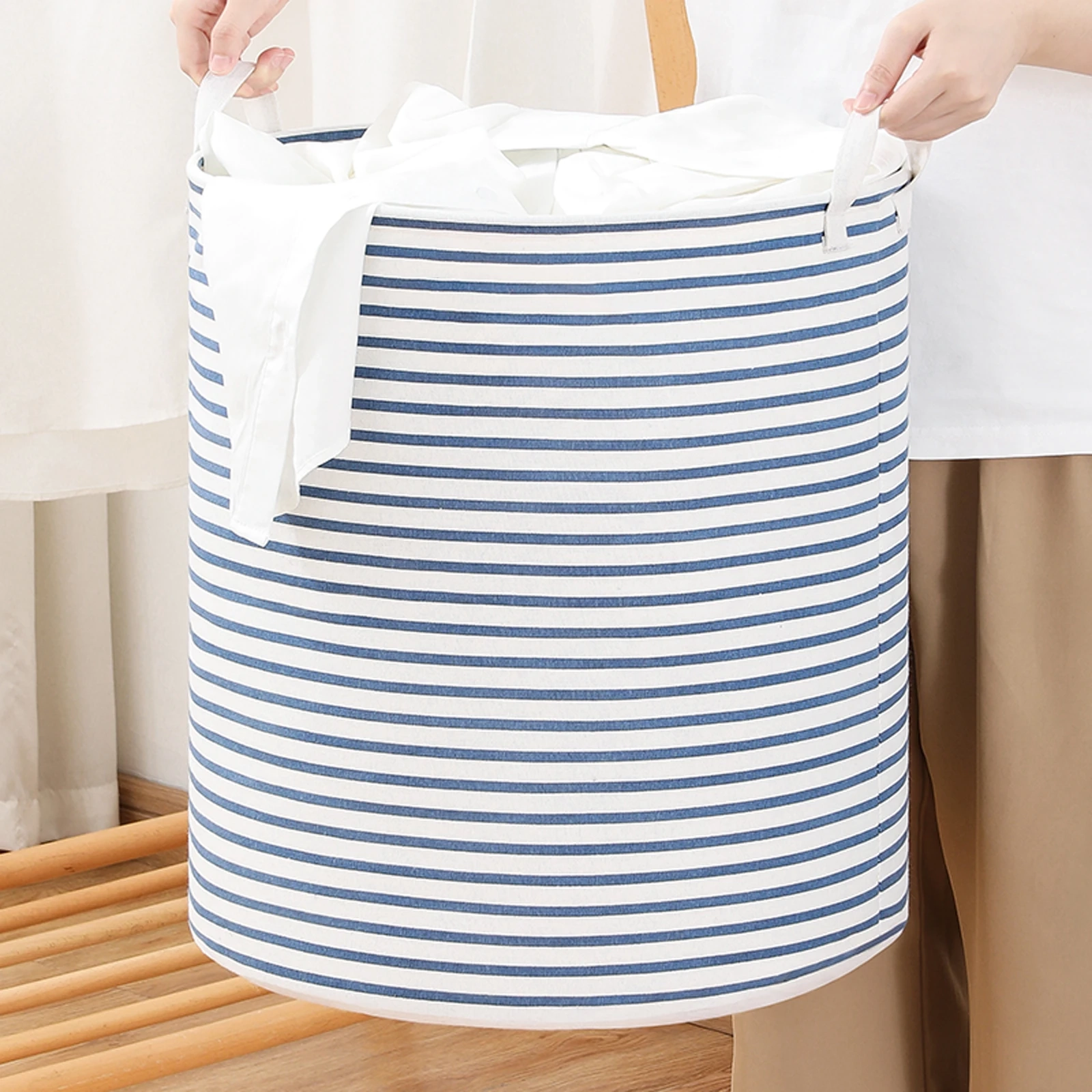 Collapsible Cotton Linen Laundry Storage Basket with Drawstring - Image 4