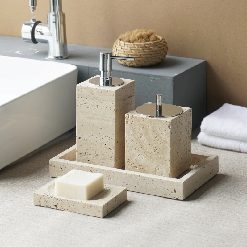 Beige Travertine Marble Bathroom Essentials Set - Image 2