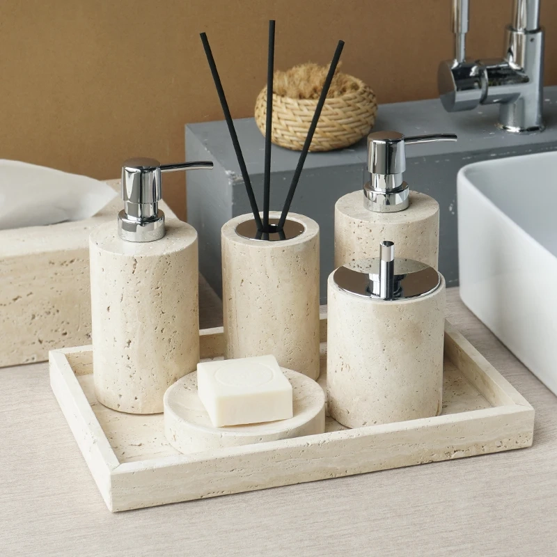 Beige Travertine Marble Bathroom Essentials Set - Image 3
