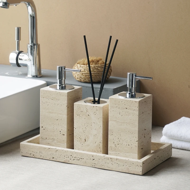 Beige Travertine Marble Bathroom Essentials Set - Image 4