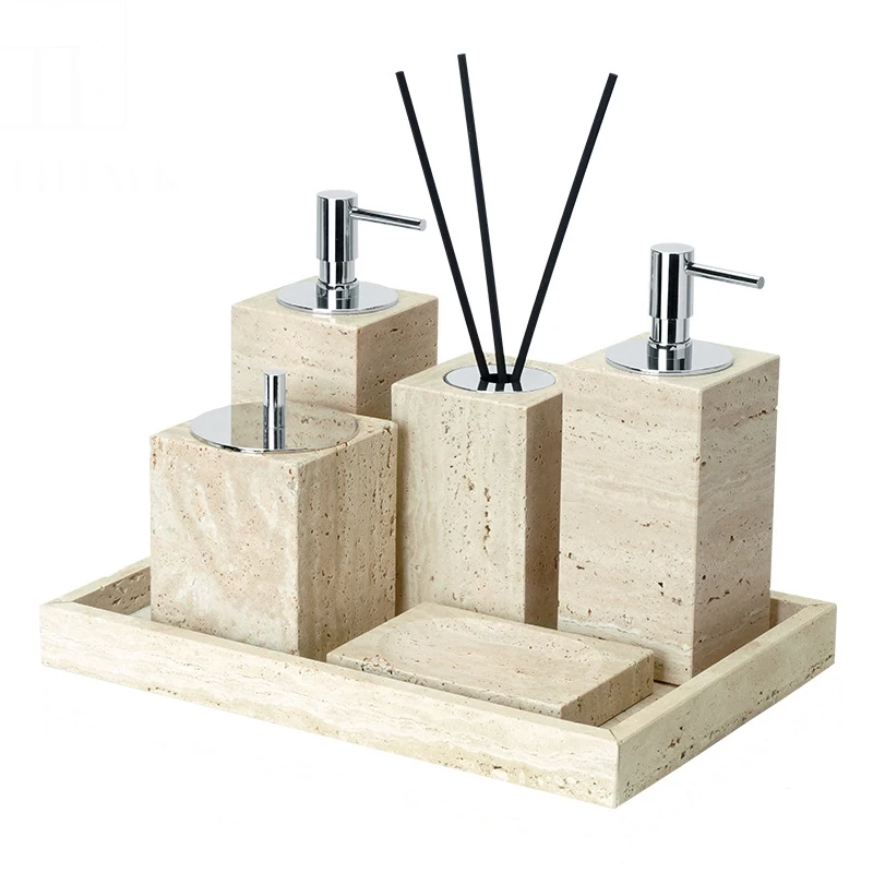 Beige Travertine Marble Bathroom Essentials Set - Image 6