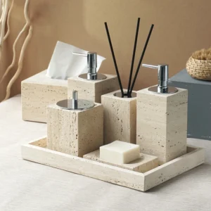 Beige Travertine Marble Bathroom Essentials Set