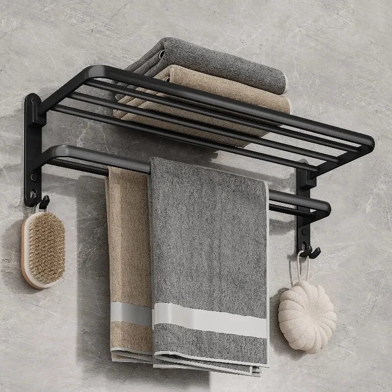 Matte Black Folding Towel Rack with Hooks - Image 6