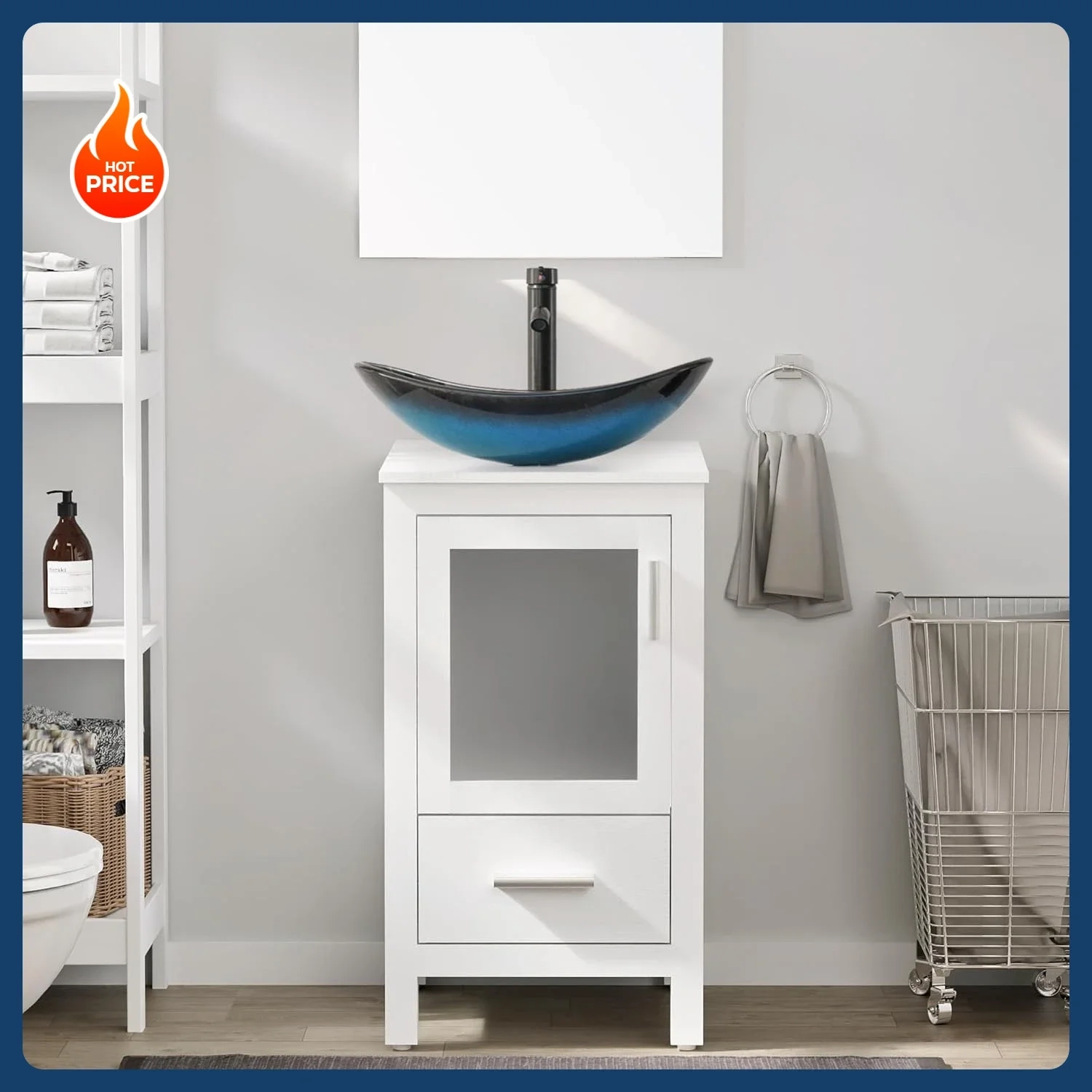 18-Inch Small Bathroom Vanity with Glass Vessel Sink, Door and Drawer