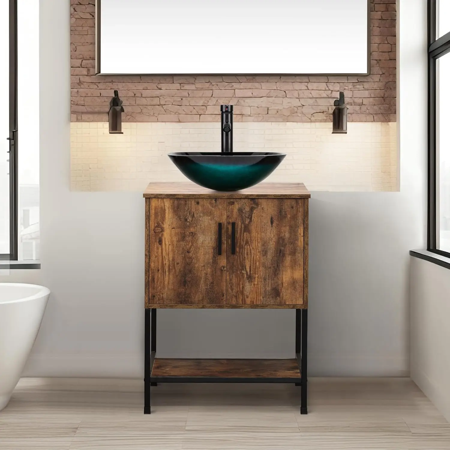 24-Inch Rustic Brown Bathroom Vanity with Vessel Sink Option and Open Shelf - Image 14