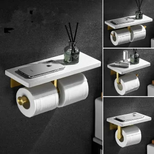 Brushed Gold Toilet Paper Holder with Marble Shelf
