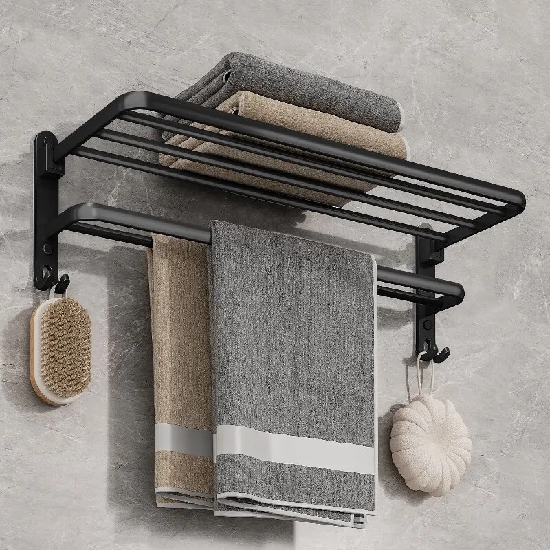 Wall-Mounted Folding Towel Rack with Hooks - Image 6