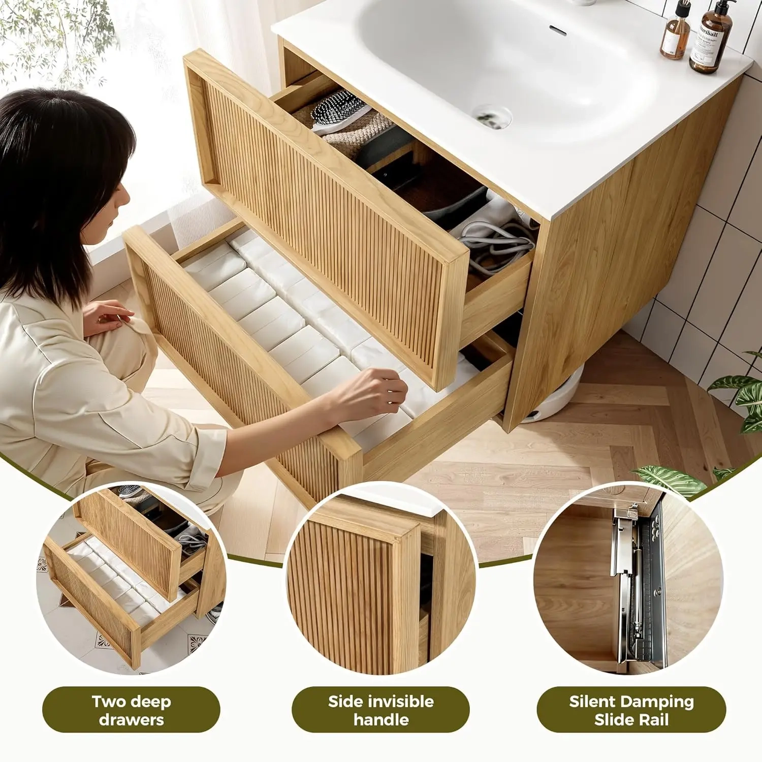 Floating Bathroom Vanity with Resin Sink and 2 Large Drawers - Image 3
