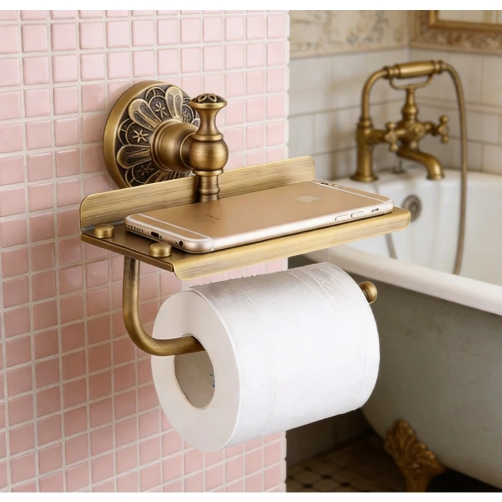 Brushed Gold Toilet Paper Holder with Shelf - Image 2