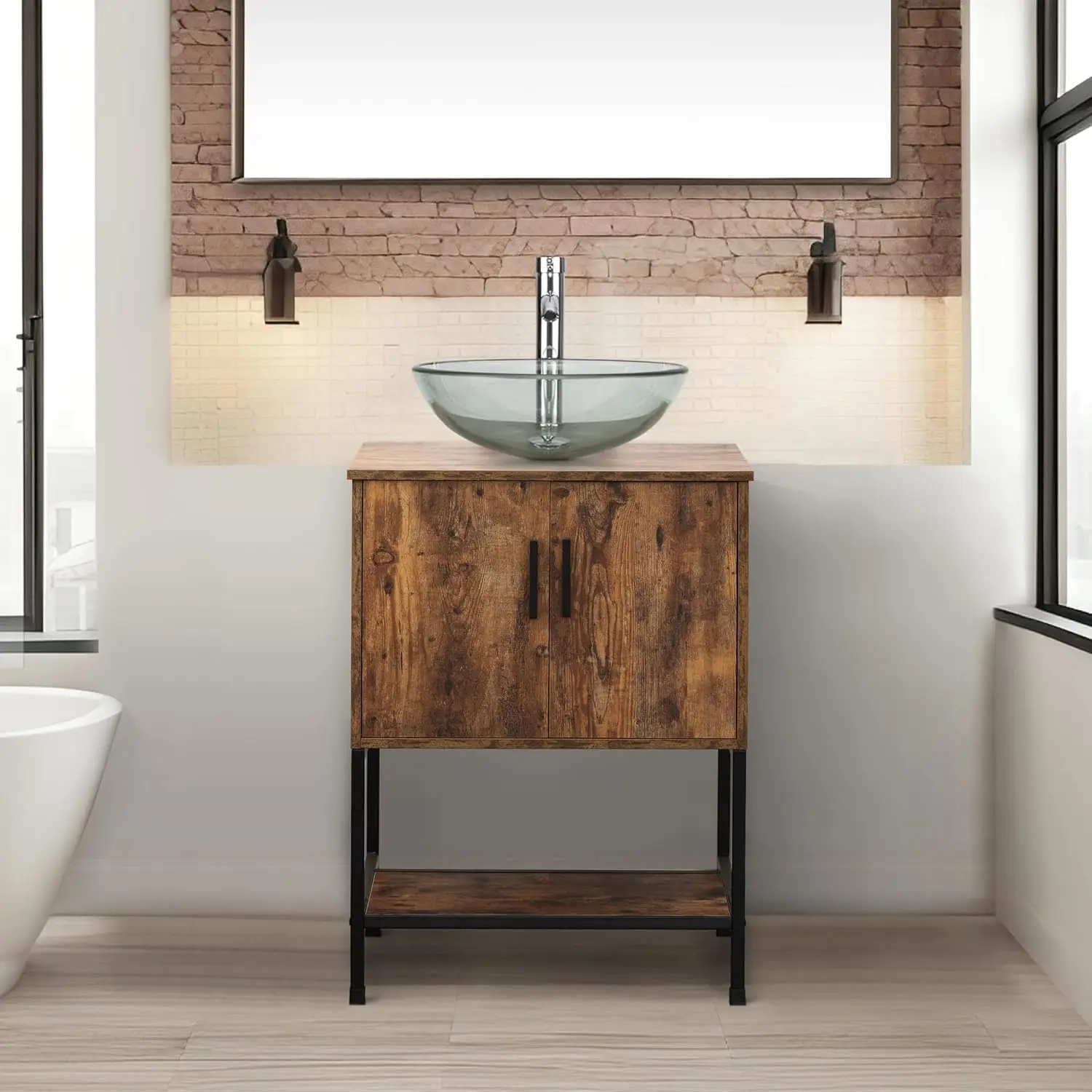 24-Inch Rustic Brown Bathroom Vanity with Vessel Sink Option and Open Shelf - Image 11