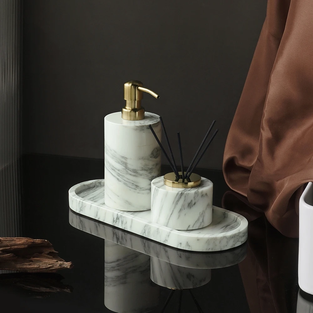 White Arabescato Marble Bathroom Accessory Collection