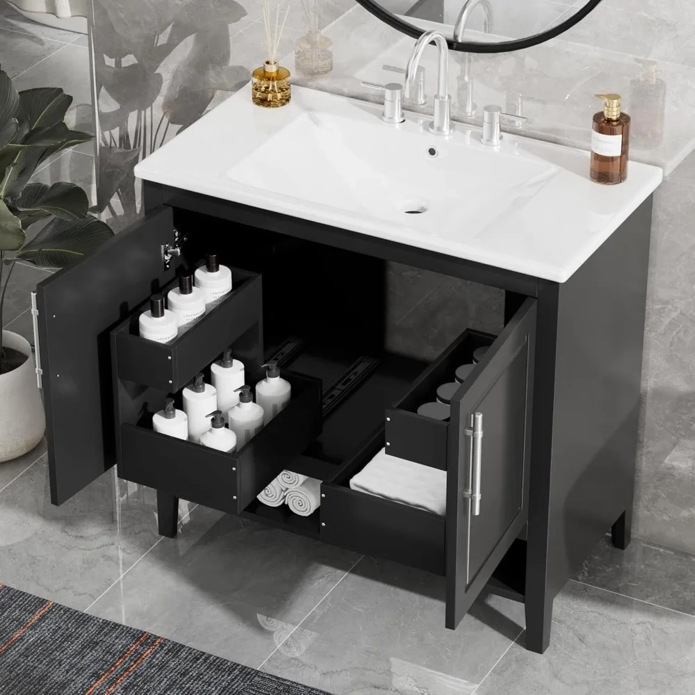 36-Inch Bathroom Vanity with Ceramic Sink, 2 Drawers and Open Shelf Storage